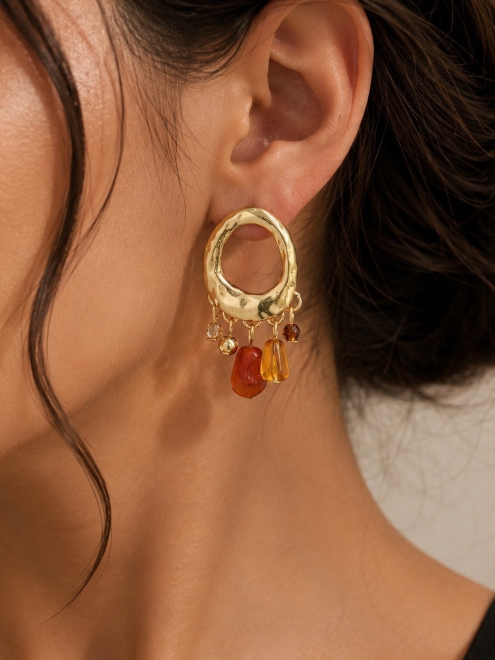 Anthropologie Gold Hoop Earrings with Orange Bead Drops